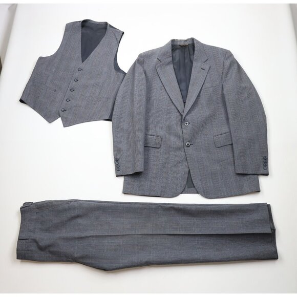 Vintage 70s Streetwear Mens 40R Piece Wool Wedding Suit Plaid